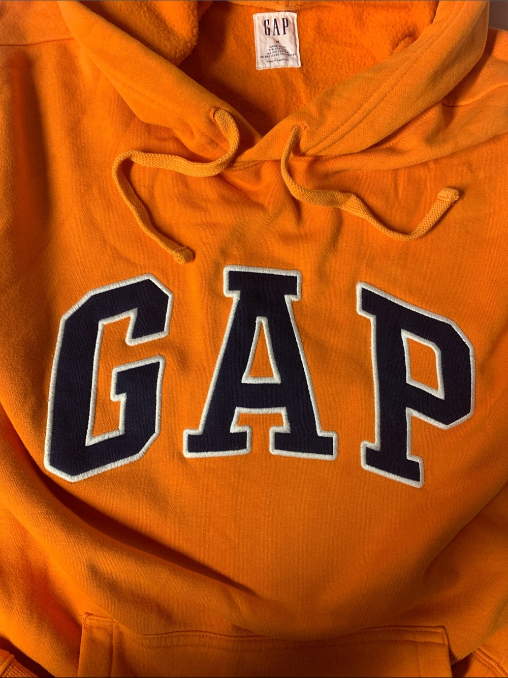 GAP Men's Orange Crewneck Hoodie with Navy Logo